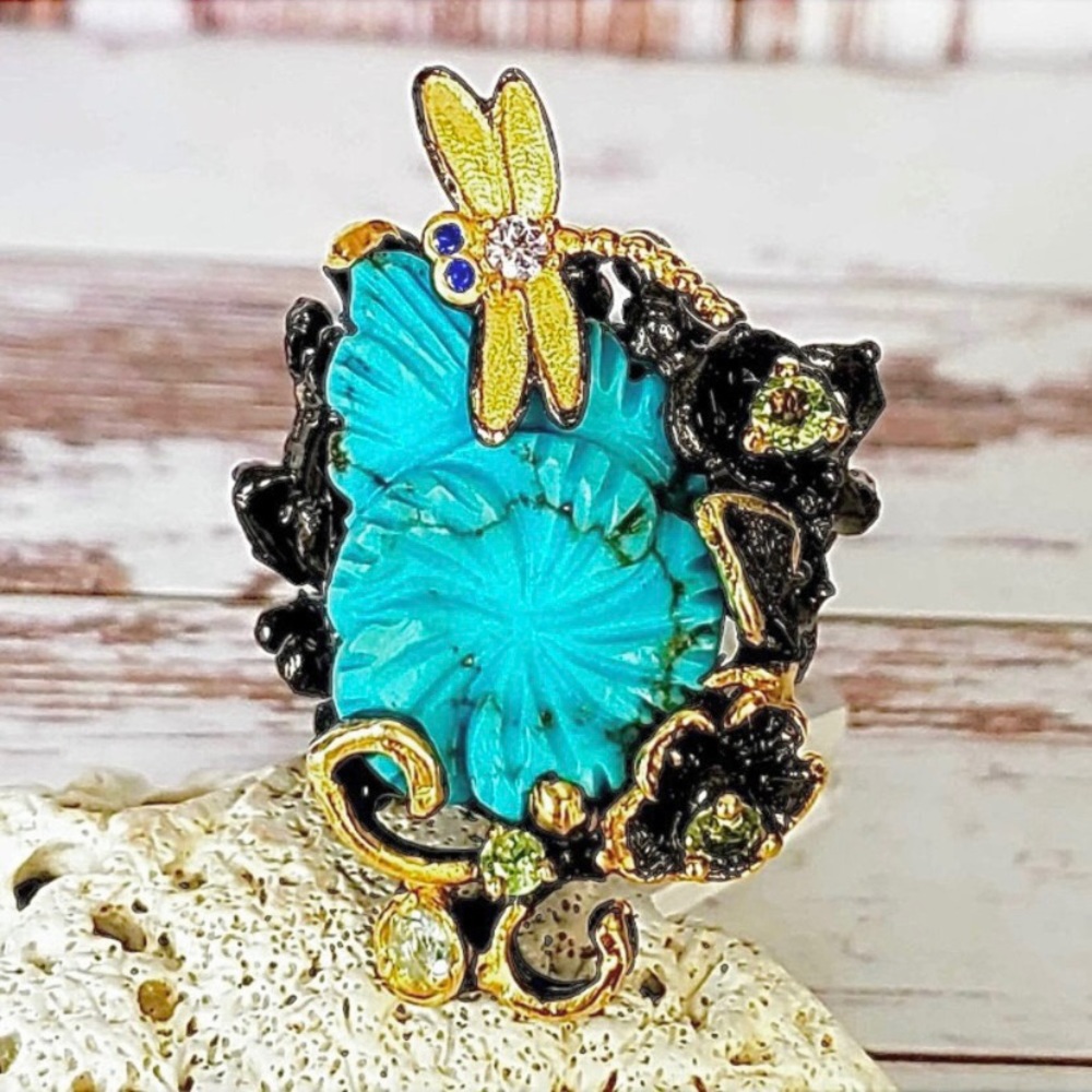 Strerling & 14 kt Dragonfly Turquoise Ring - Picture 4 of 7